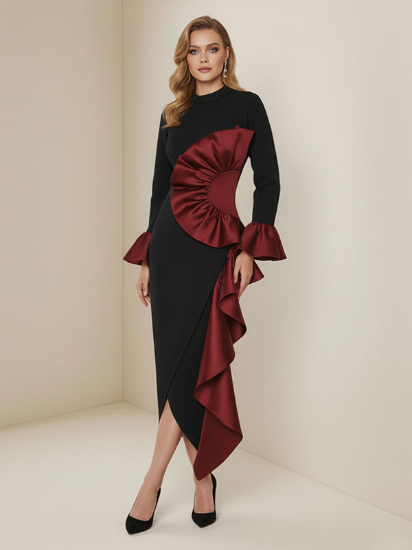 Olivia Bennet | Bodycon Flared Sleeves Asymmetric Contrast Color Ruffled Zipper Stand Collar Midi Dresses