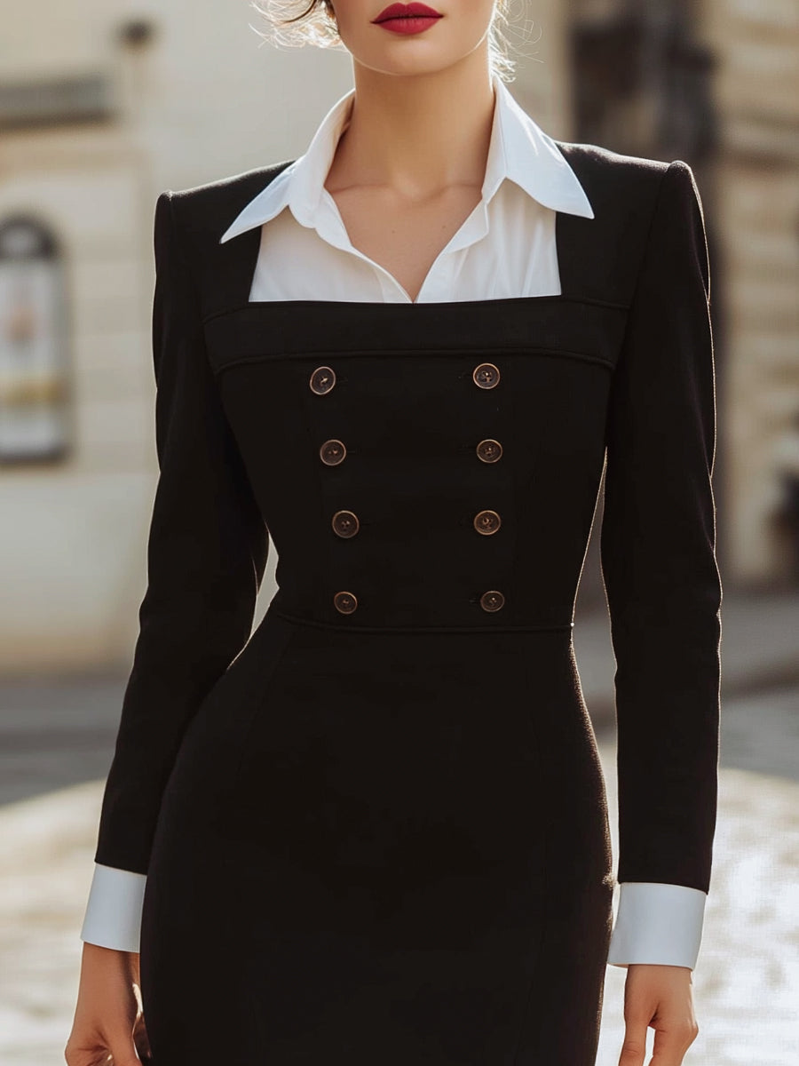 Olivia Bennet | Black Double-Breasted Faux-Layered Polyester-Blend Midi Dress