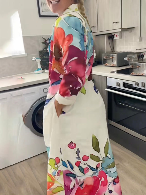Olivia Bennet | Long Sleeves Loose Buttoned Flower Print Lapel Maxi Dresses Shirt Dress