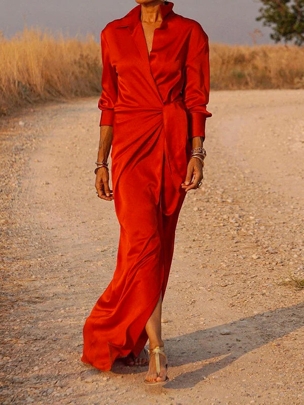 Olivia Bennet | Long Sleeves Loose Solid Color Lapel Collar Maxi Shirt Dresses