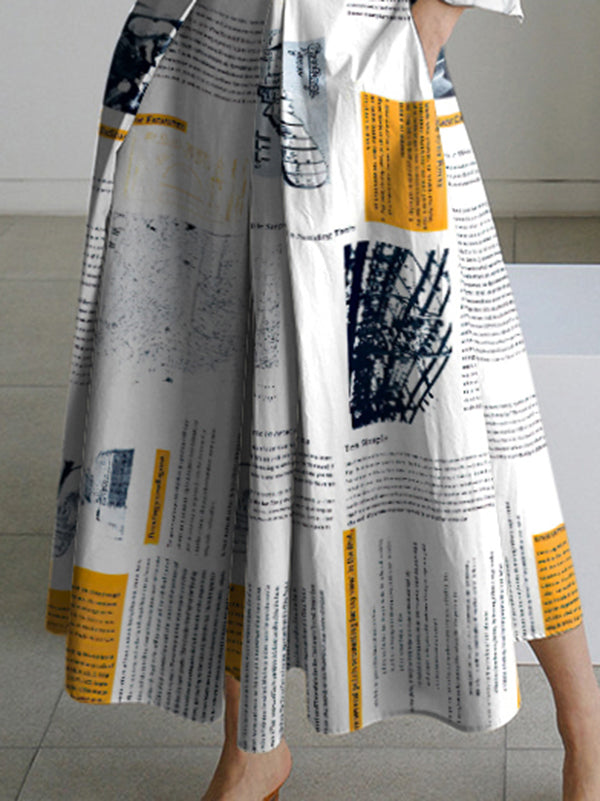 Olivia Bennet | Long Sleeves Loose Newspaper Print Pleated Tied Waist Lapel Midi Dresses Shirt Dress