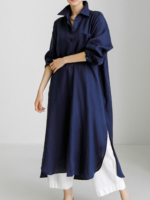 Olivia Bennet | Simple Long Sleeves Split-Side Solid Color Lapel Midi Dresses Shirt Dress