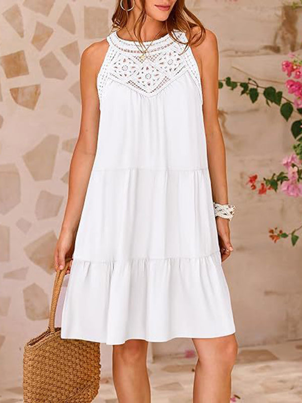 Olivia Bennet | A-Line Loose Hollow Pleated Solid Color Split-Joint Round-Neck Mini Dresses
