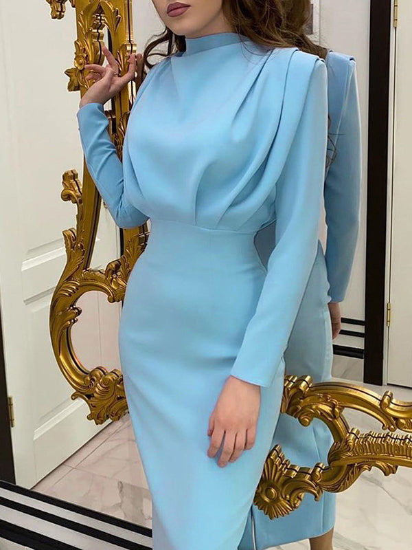 Olivia Bennet | High Waisted Long Sleeves Pleated Solid Color Mock Neck Maxi Dresses Midi Dresses
