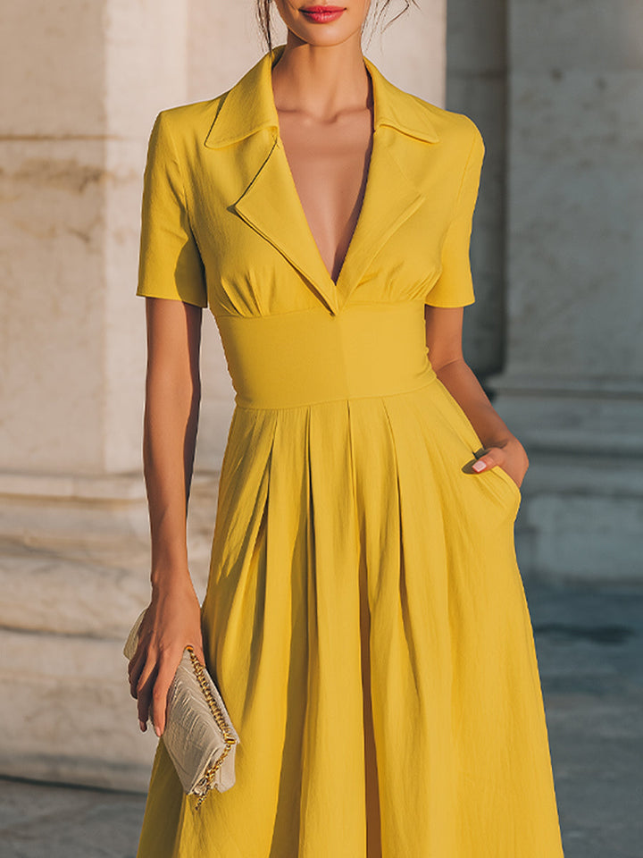 Olivia Bennet | Ivory Collared, Structured-Waist Cotton Midi Dress