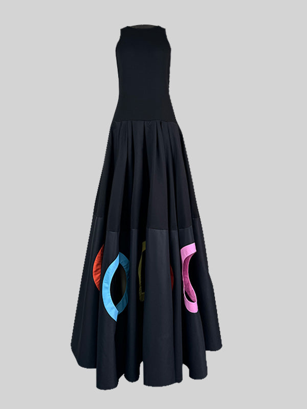 Olivia Bennet | Sleeveless Hollow Pleated Split-Joint Round-neck Maxi Dresses