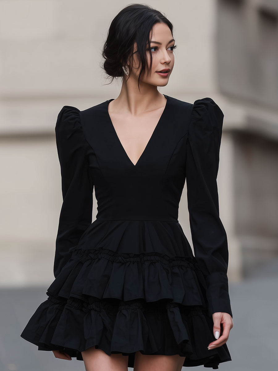 Olivia Bennet | Black Puff-Sleeve Tiered Mini Dress