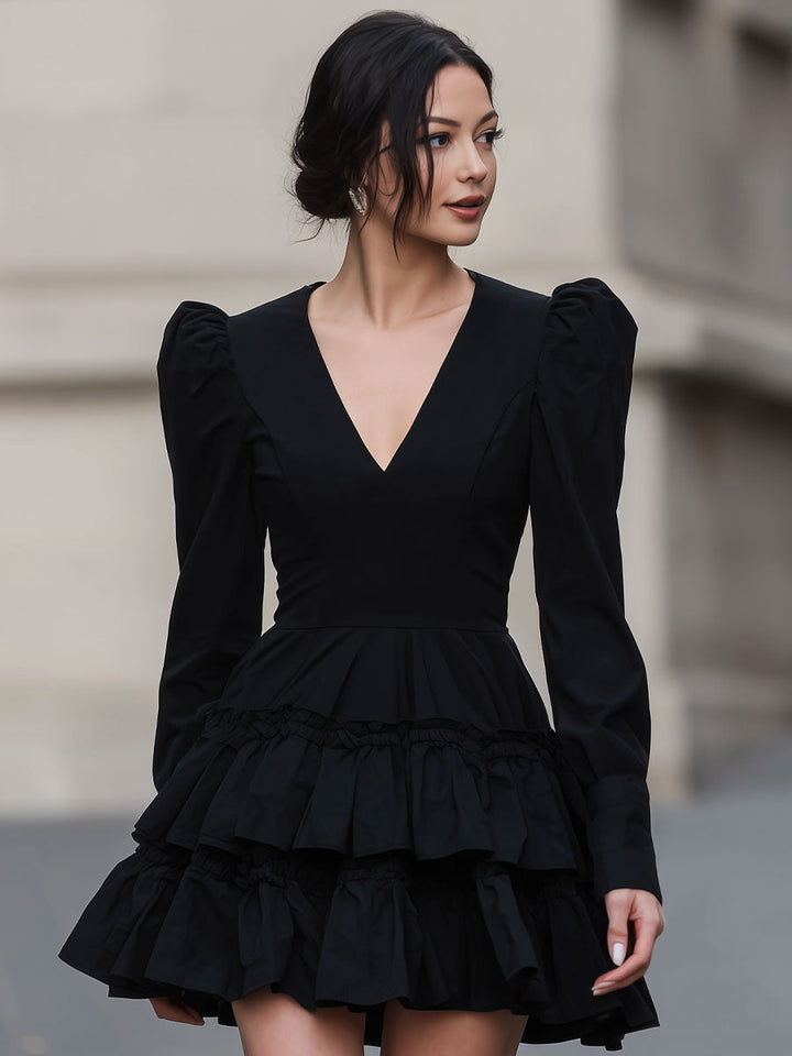 Olivia Bennet | Black Puff-Sleeve Tiered Mini Dress