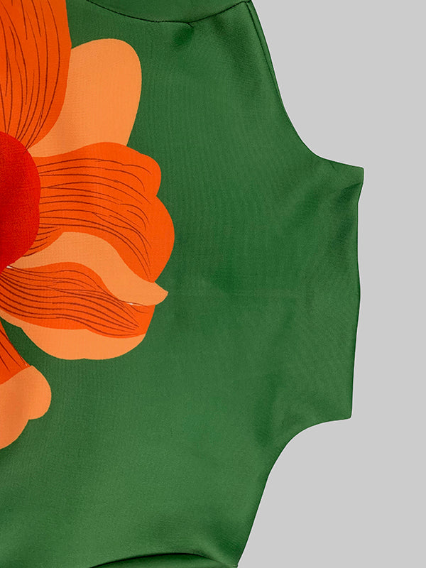 Olivia Bennet | A-Line Long Sleeves Flower Print Split-Joint High Neck Midi Dresses