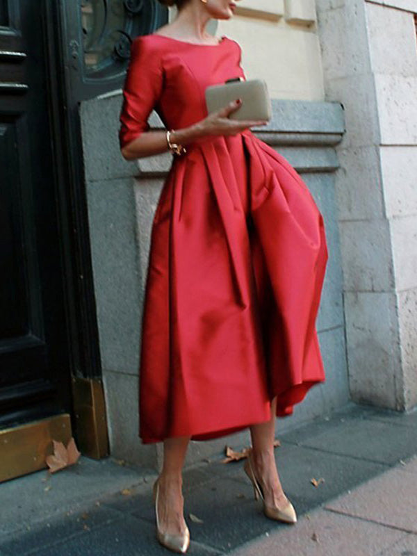 Olivia Bennet | A-Line Loose Pleated Pockets Solid Color Split-Joint Round-Neck Midi Dresses