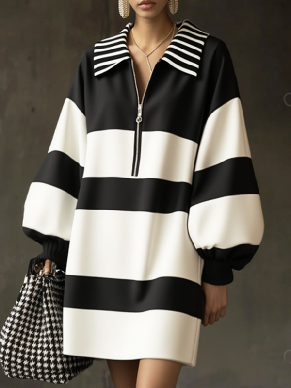 Olivia Bennet | Long Sleeves Puff Sleeves Contrast Color Striped Zipper Lapel Mini Dresses