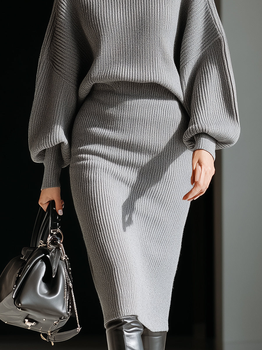 Olivia Bennet | Gray Ribbed Batwing Knit Dress
