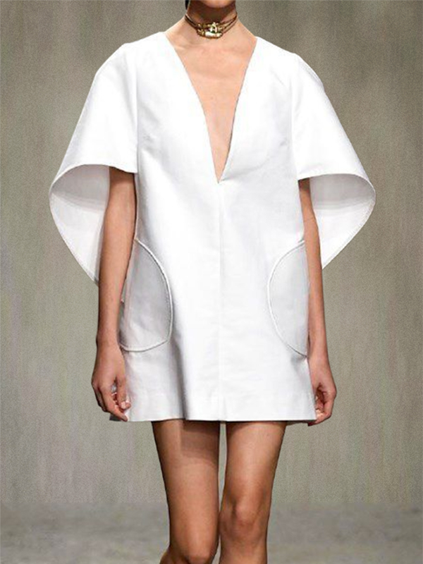 Olivia Bennet | Half Sleeves Loose Solid Color Deep V-Neck Mini Dresses