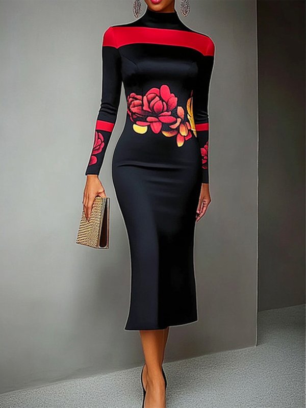 Olivia Bennet | Bodycon Long Sleeves Flower Print High Neck Midi Dresses