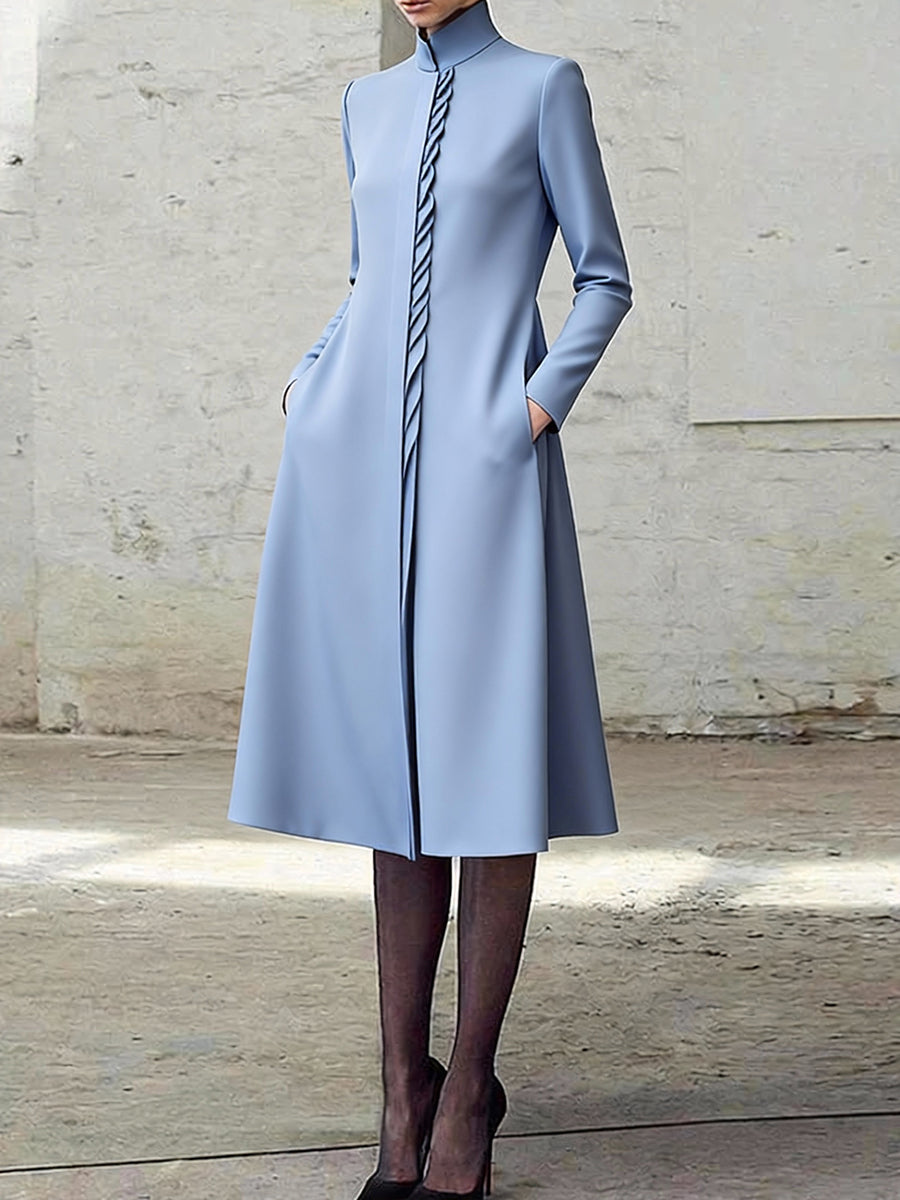 Olivia Bennet | A-Line Bodycon Asymmetric Pleated Pockets Solid Color Split-Joint Stand Collar Midi Dresses