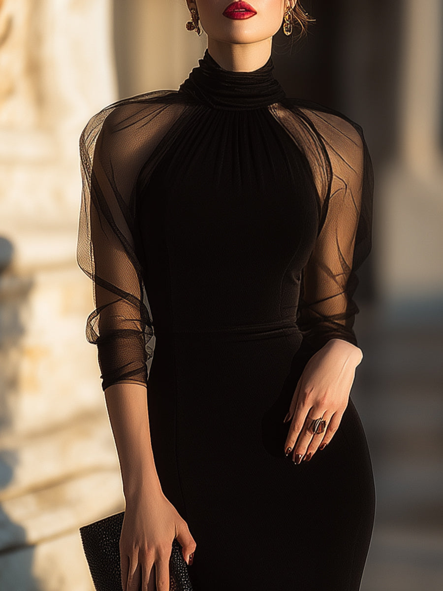 Olivia Bennet | Black Sheer-Sleeve High-Neck Mesh Cocktail Dress