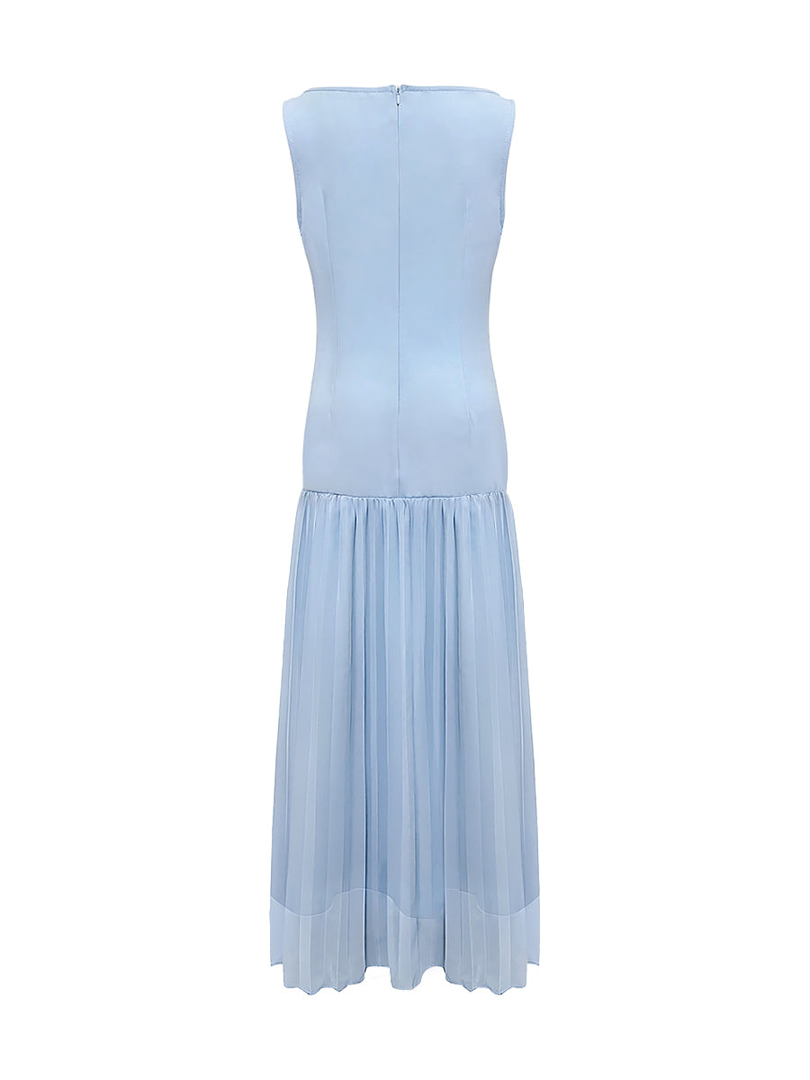 Olivia Bennet | Sleeveless Gauze Pleated Solid Color Split-Joint Boat Neck Evening Dresses Maxi Dresses
