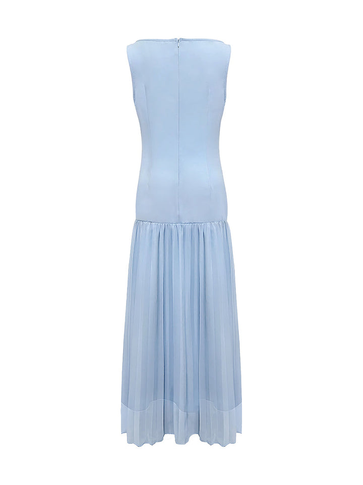 Olivia Bennet | Sleeveless Gauze Pleated Solid Color Split-Joint Boat Neck Evening Dresses Maxi Dresses