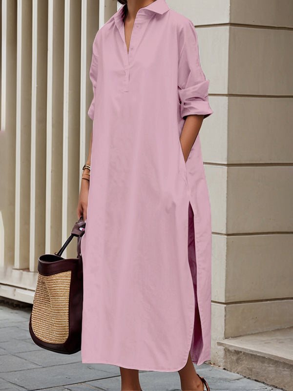 Olivia Bennet | A-Line Long Sleeves Buttoned Pockets Solid Color Split-Side Lapel Midi Shirt Dresses