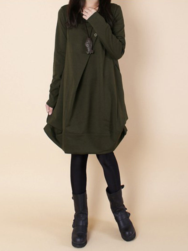 Olivia Bennet | A-line Long Sleeves Pleated Solid Color Round-neck Dresses Maxi Dresses
