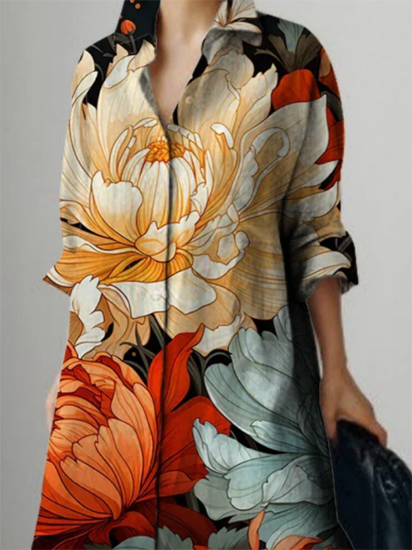 Olivia Bennet | Long Sleeves Loose Flower Print Lapel Maxi Dresses Shirt Dress