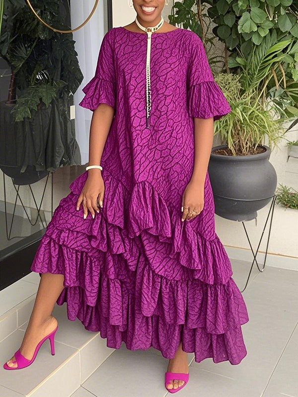 Olivia Bennet | Flared Sleeves Half Sleeves Asymmetric Layered Pleated Printed Ruffle Trim Round-Neck Maxi Dresses