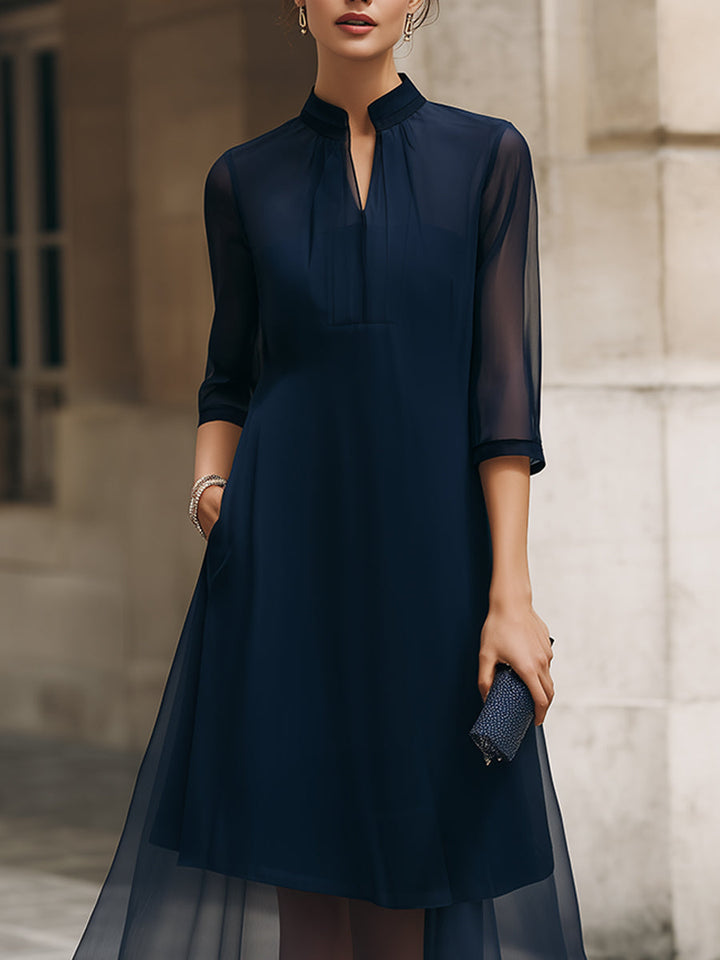 Olivia Bennet | Mandarin Collar Sheer Overlay Midi Dress