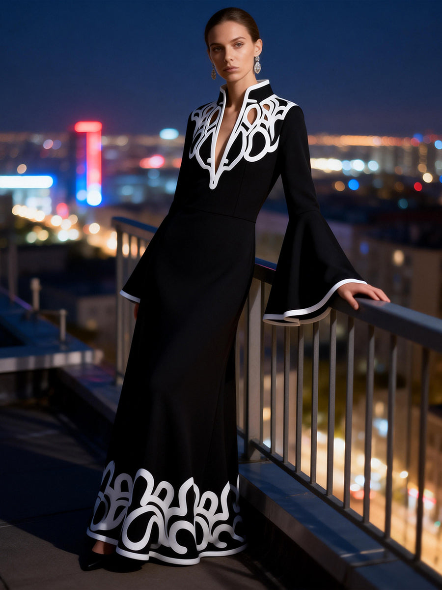 Olivia Bennet | A-Line Flared Sleeves Abstract Printed Contrast Color Hollow Line Split-Joint Stand Collar Maxi Dresses