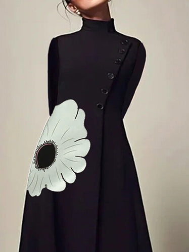 Olivia Bennet | A-Line Long Sleeves Flower Print High Neck Midi Dresses