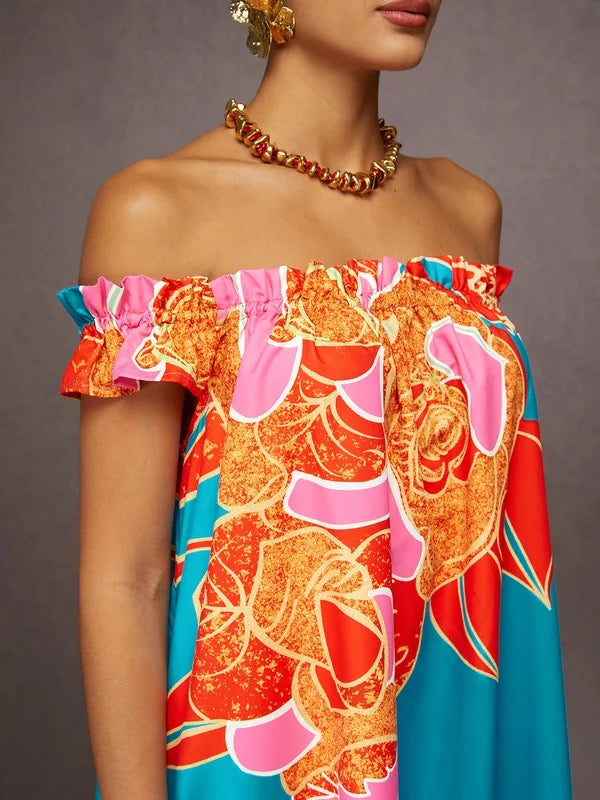 Olivia Bennet | A-Line Loose Elasticity Flower Print Pleated Split-Joint Off-The-Shoulder Maxi Dresses