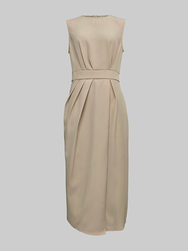 Olivia Bennet | High Waisted Loose Pleated Solid Color Round-Neck Midi Dresses