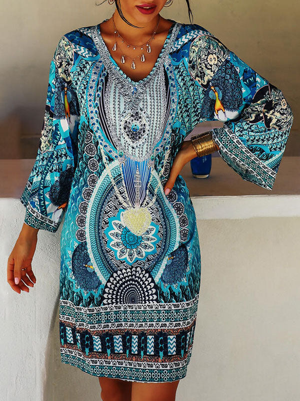Olivia Bennet | A-Line Flared Sleeves Printed Split-Joint V-Neck Mini Dresses