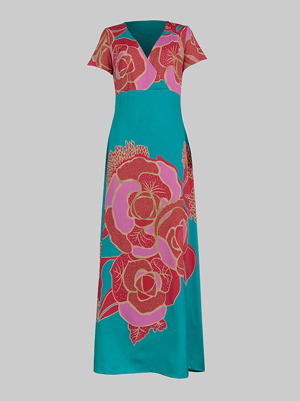 Olivia Bennet | A-Line Loose Floral Printed Split-Joint Deep V-Neck Evening Dresses Maxi Dresses