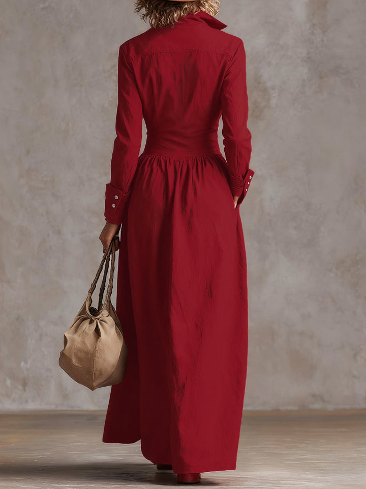 Olivia Bennet | High Waisted Long Sleeves Buttoned Pleated Pockets Solid Color Split-Joint Lapel Maxi Dresses