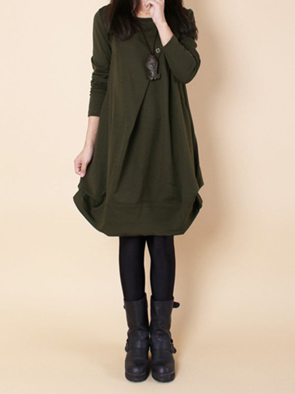 Olivia Bennet | A-line Long Sleeves Pleated Solid Color Round-neck Dresses Maxi Dresses