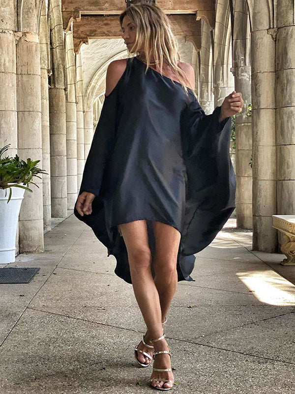 Olivia Bennet | Stylish Loose High-Low Batwing Sleeves Black Midi Dress