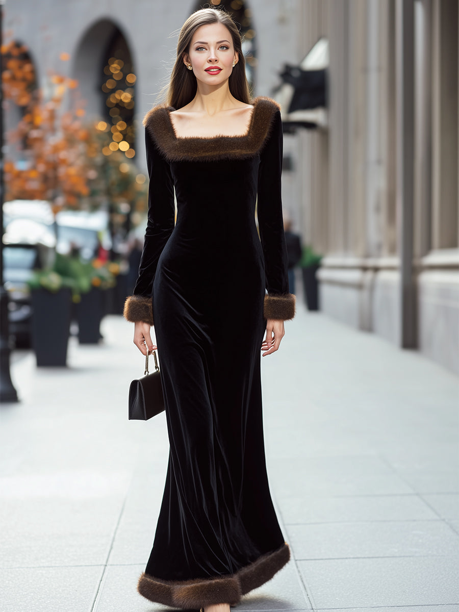 Olivia Bennet | Black Faux-Fur Trim Velvet Gown