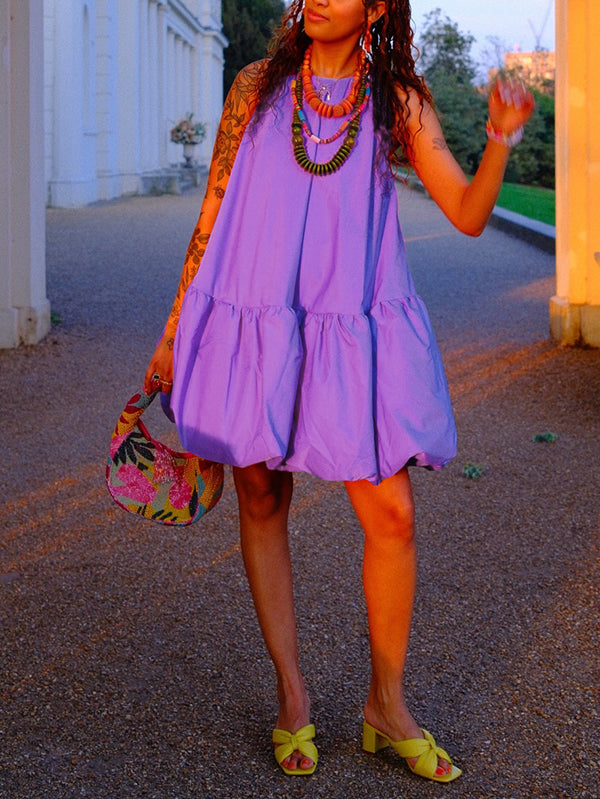 Olivia Bennet | High Waisted Loose Pleated Solid Color Round-Neck Mini Dresses