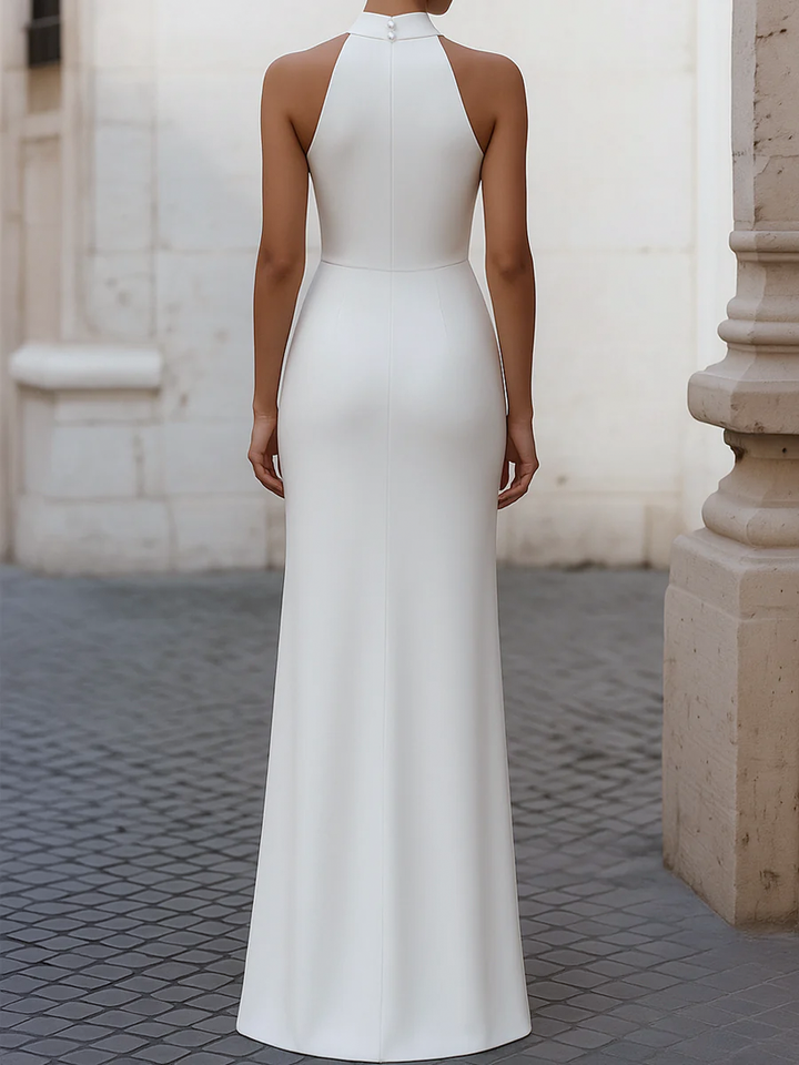 Olivia Bennet | Elegant Satin Pleated Halter-Neck Evening Gown