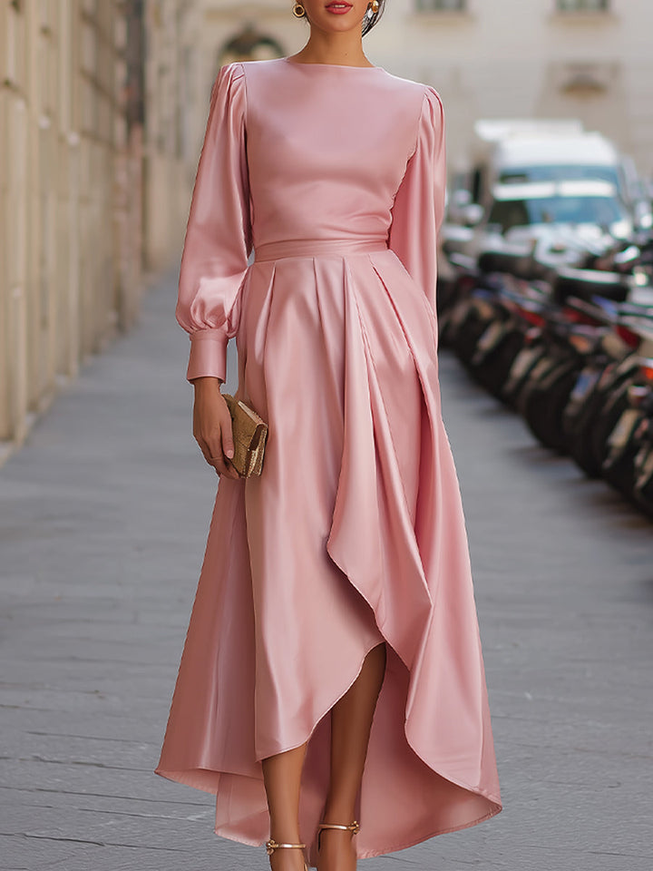 Olivia Bennet | Black High-Low Hem Long-Sleeve Satin Dress