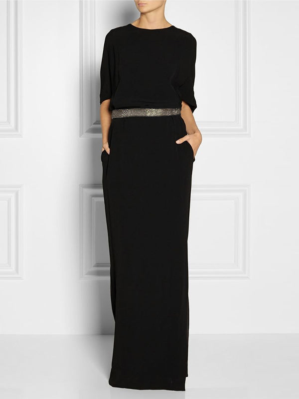 Olivia Bennet | Half Sleeves Loose Rhine Stones Split-Joint Round-Neck Maxi Dresses