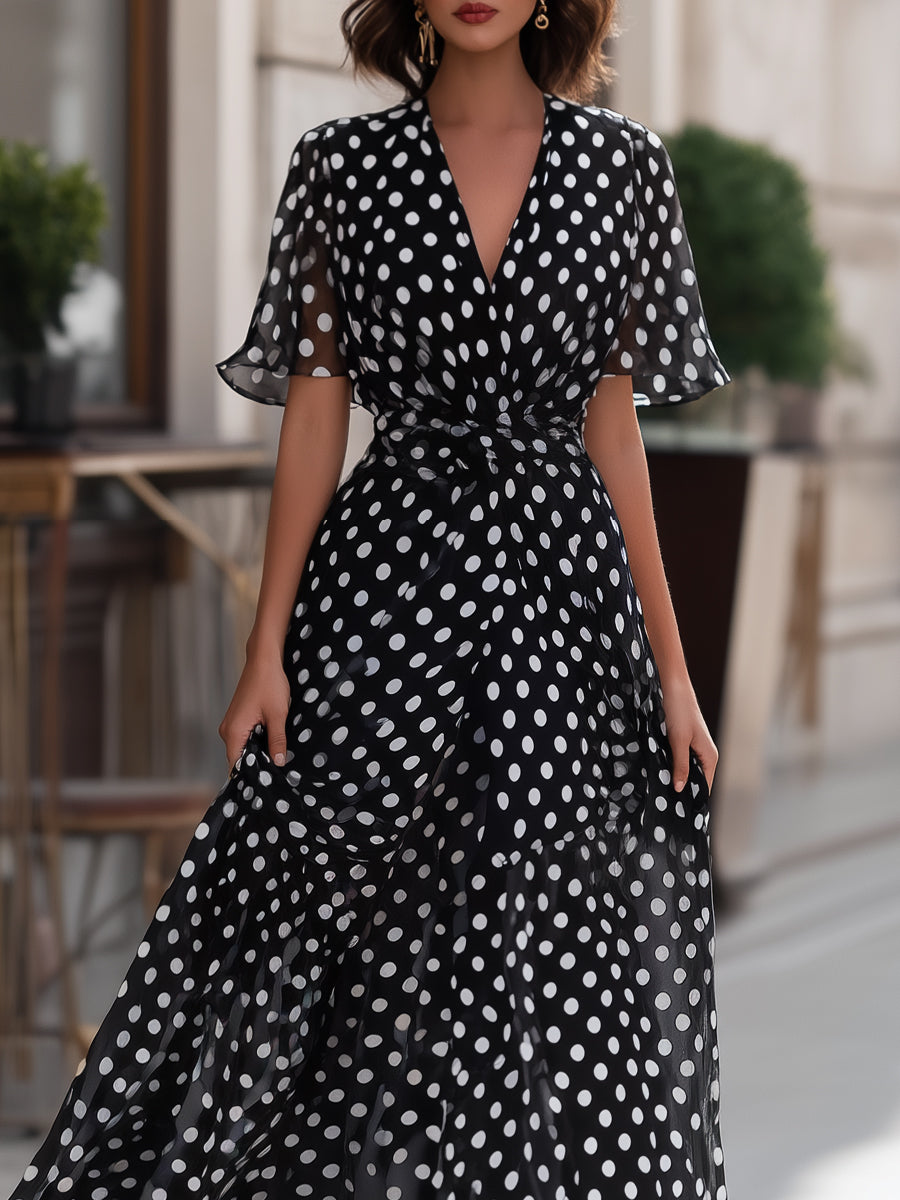 Olivia Bennet | Polka Dot Chiffon V-Neck Maxi Dress