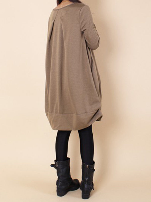 Olivia Bennet | A-line Long Sleeves Pleated Solid Color Round-neck Dresses Maxi Dresses