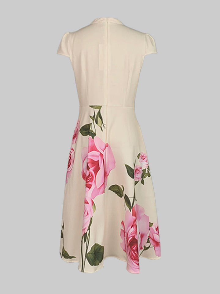 Olivia Bennet | Short Sleeves Skinny Flower Print Stand Collar Midi Dresses