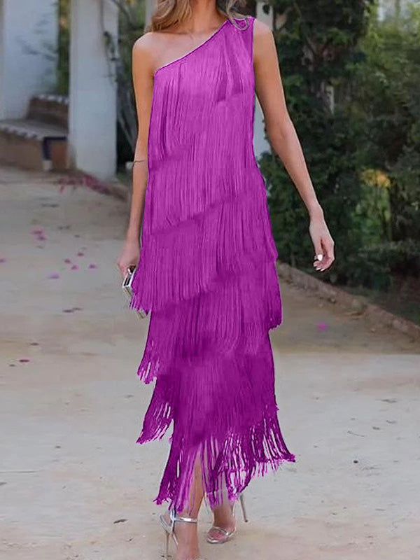 Olivia Bennet | Loose Sleeveless Asymmetric Solid Color Split-Joint Tasseled One-Shoulder Maxi Dresses