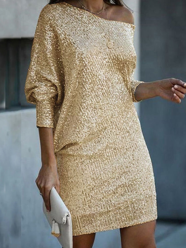 Olivia Bennet | A-Line Loose Asymmetric Sequined Solid Color One-Shoulder Mini Dresses
