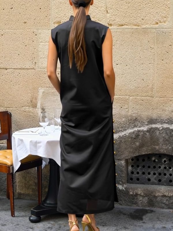 Olivia Bennet | Sleeveless Buttoned Solid Color Split-side Stand Collar Maxi Dresses Shirt Dress