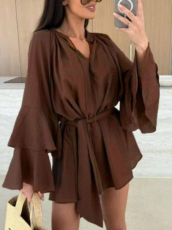 Olivia Bennet | Flared Sleeves Loose Lace-Up Pleated Solid Color Split-Joint Tiered Round-Neck Mini Dresses