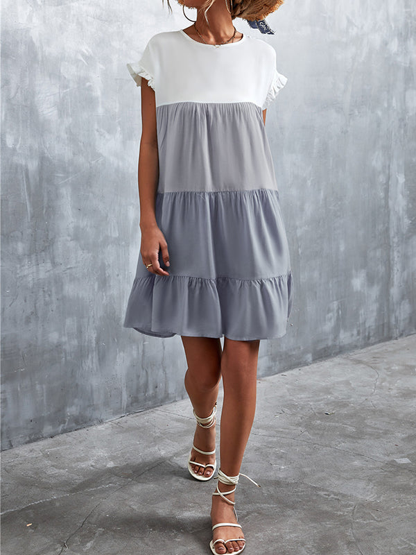 Olivia Bennet | Loose Ruffle Sleeves Contrast Color Falbala Pleated Split-Joint Round-Neck Mini Dresses