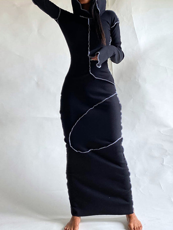 Olivia Bennet | Long Sleeves Plus Size Solid Color Split-Joint Hooded Maxi Dresses